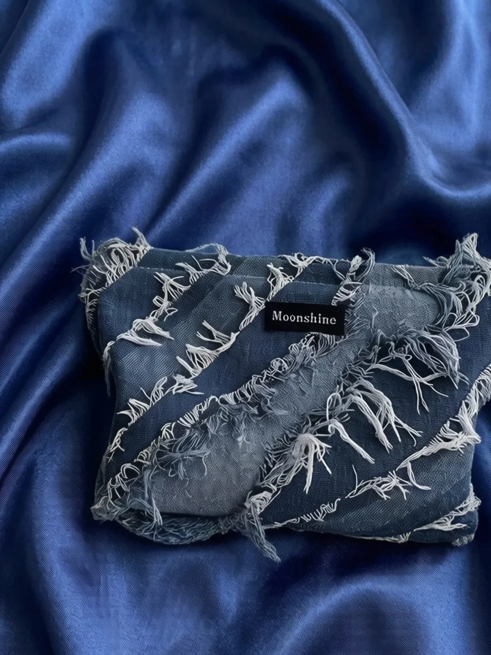 Moonshine Frayed Denim Clutch - Deep Blue